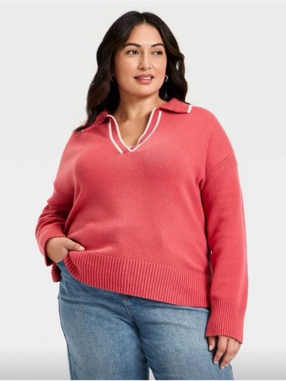 Ava & Viv Coral Pink V-Neck Collared Sweater, Size 2X, NWOT